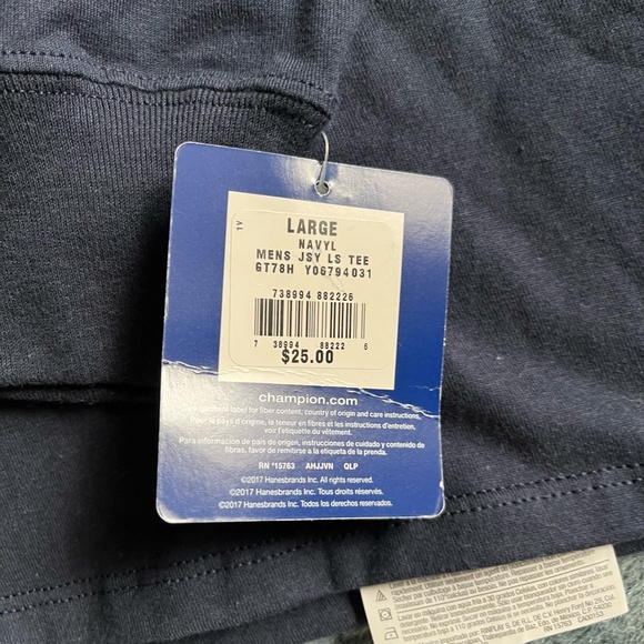 NWT Champion Navy Mens Classic Long-Sleeve Cotton Tee SZ Large - Picture 3 of 4